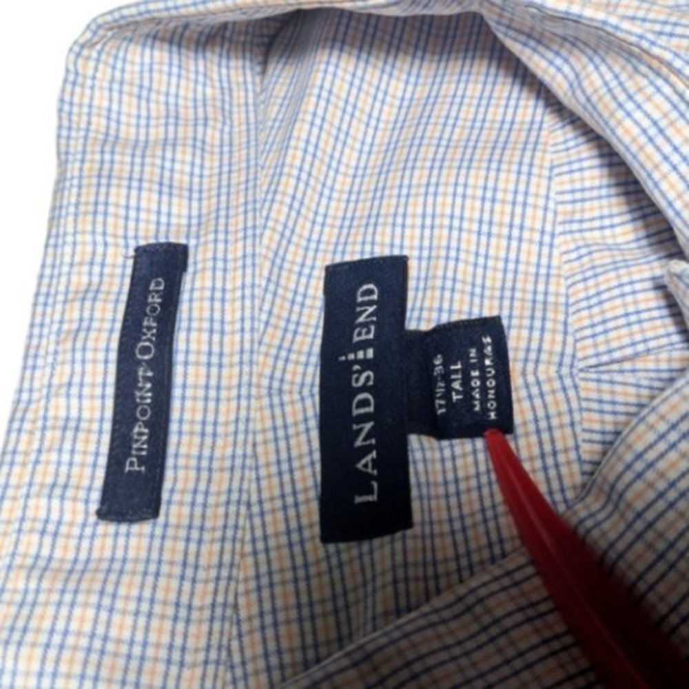 Lands End Button Up Shirt Mens 17 Tall Long Sleeve Checkered Pinpoint Oxford - Picture 2 of 3